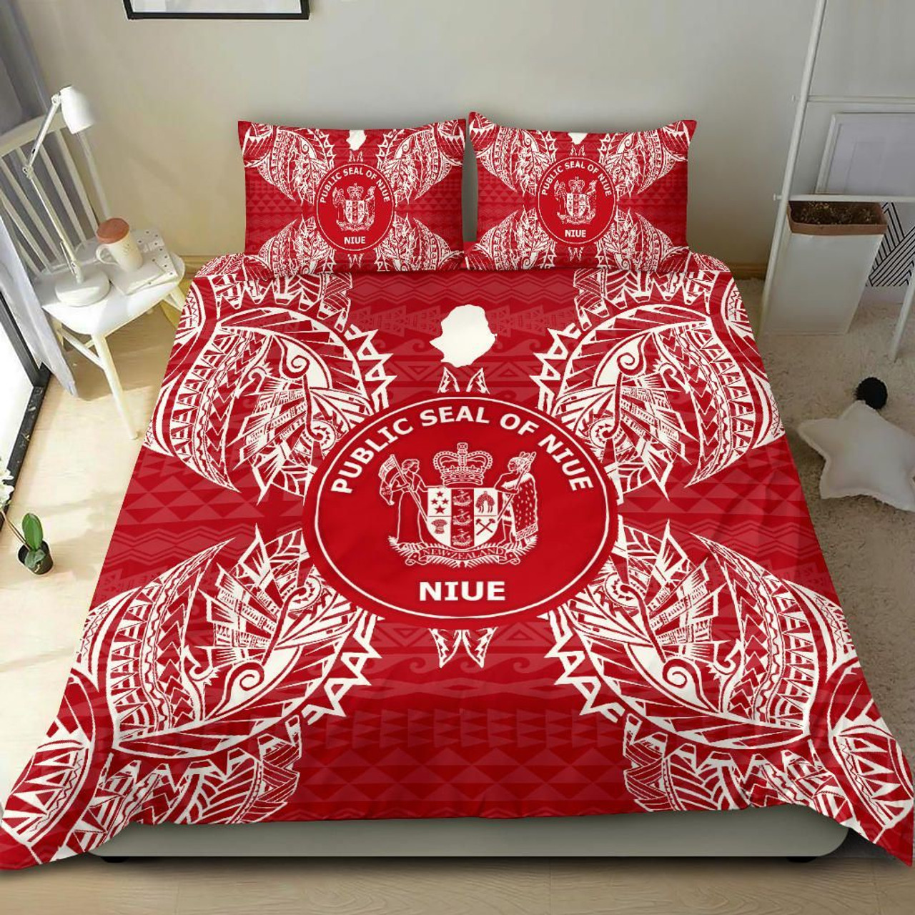 Polynesian Bedding Set - Niue Duvet Cover Set Map Red White 2