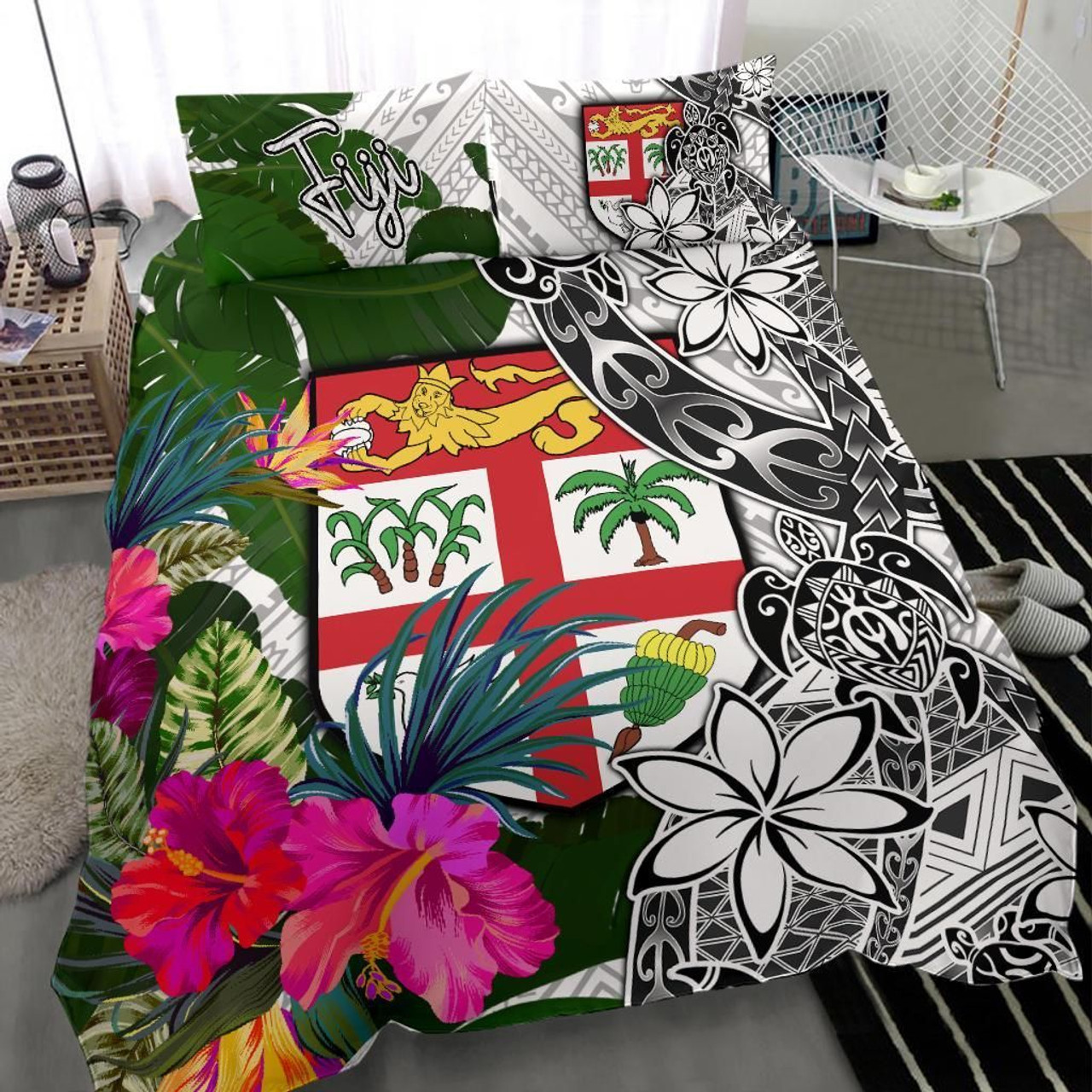 Fiji Bedding Set White - Turtle Plumeria Banana Leaf 2