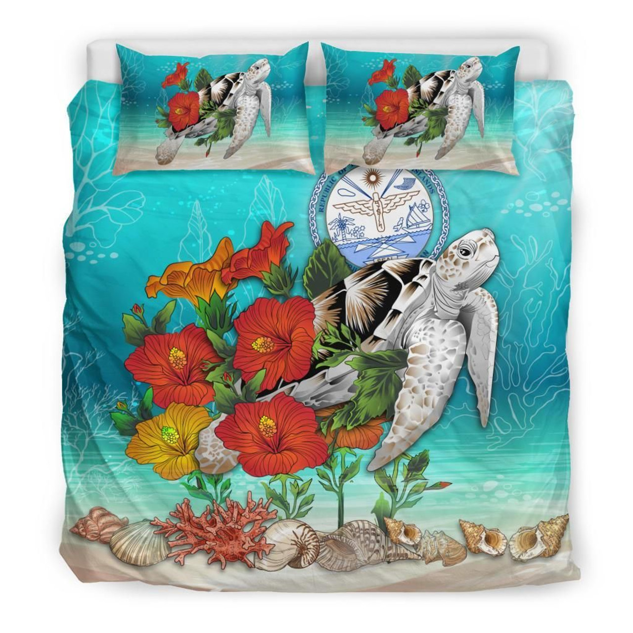 Polynesian Duvet Cover Set - Marshall Islands Bedding Set Ocean Turtle Hibiscus 1