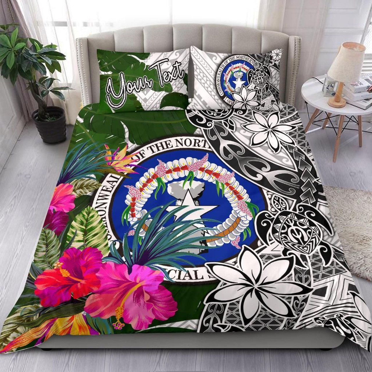 Northern Mariana Islands Custom Personalised Bedding Set White - Turtle Plumeria Banana Leaf 1