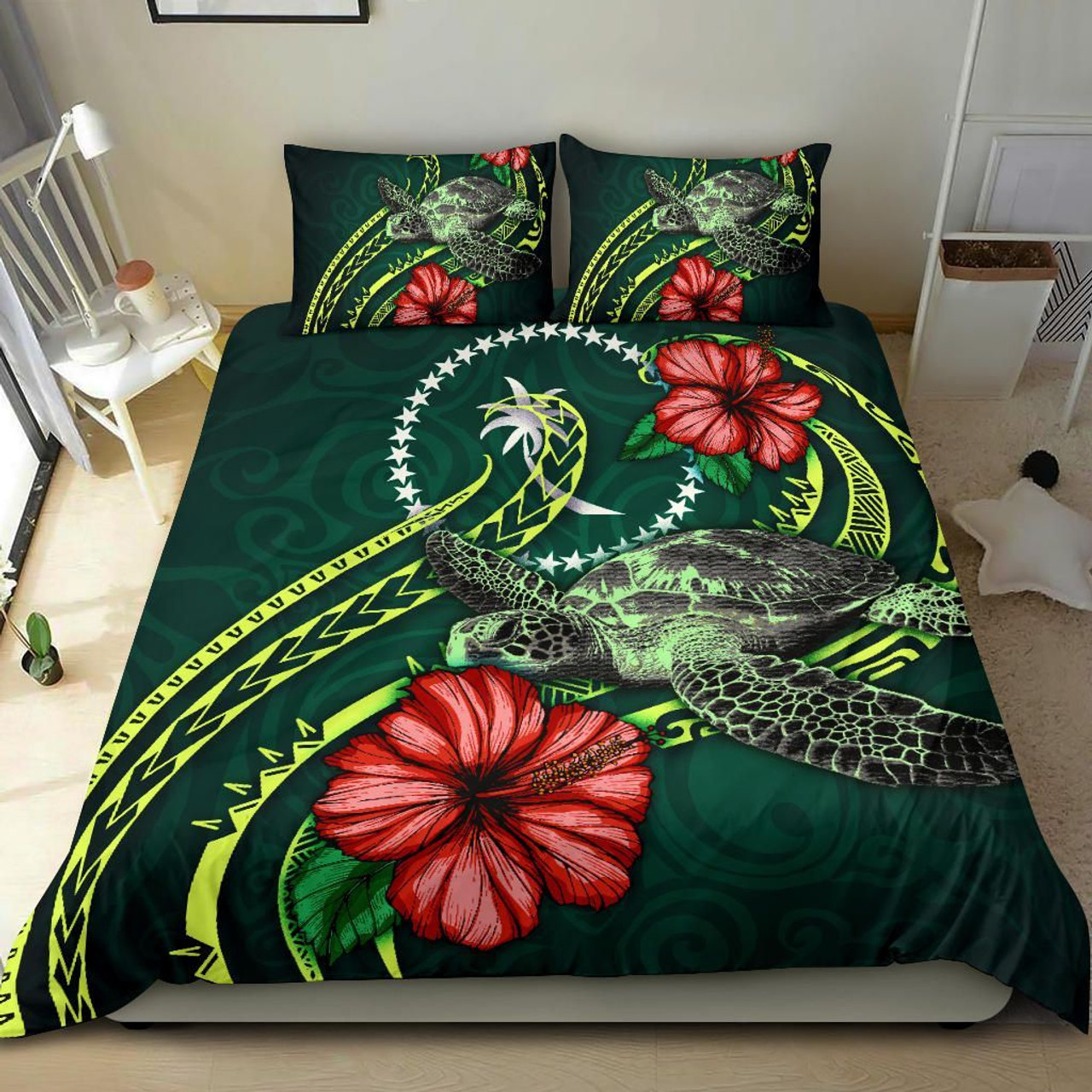 Polynesian Bedding Set - Chuuk Micronesia Duvet Cover Set Green Turtle Hibiscus 1