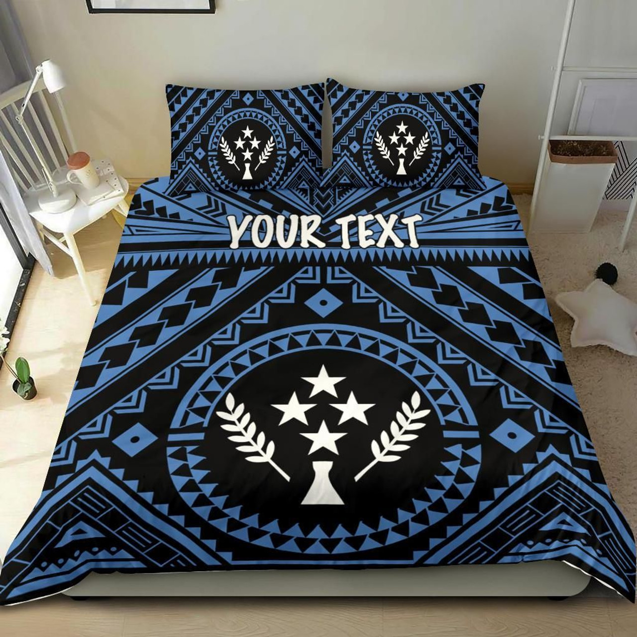 Kosrae Personalised Bedding Set - Kosrae Flag In Polynesian Tattoo Style (Blue) 3