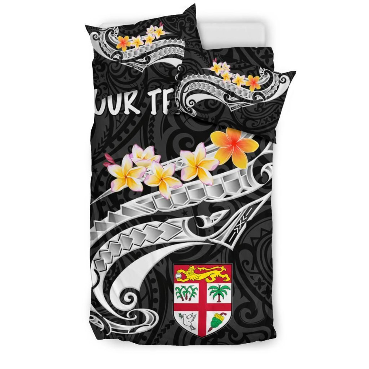 Fiji Custom Personalised Bedding Set - Fiji Seal Polynesian Patterns Plumeria (Black) 2