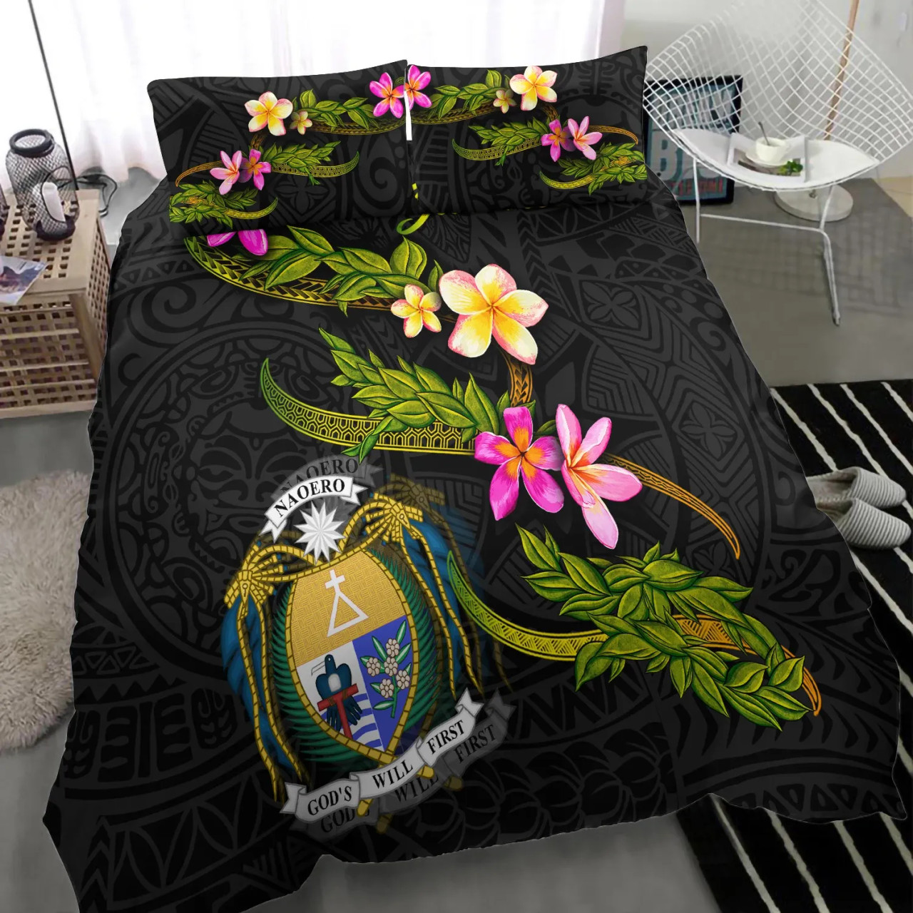 Fiji Custom Personalised Bedding Set - Fiji Seal Polynesian Patterns Plumeria (Black) 6