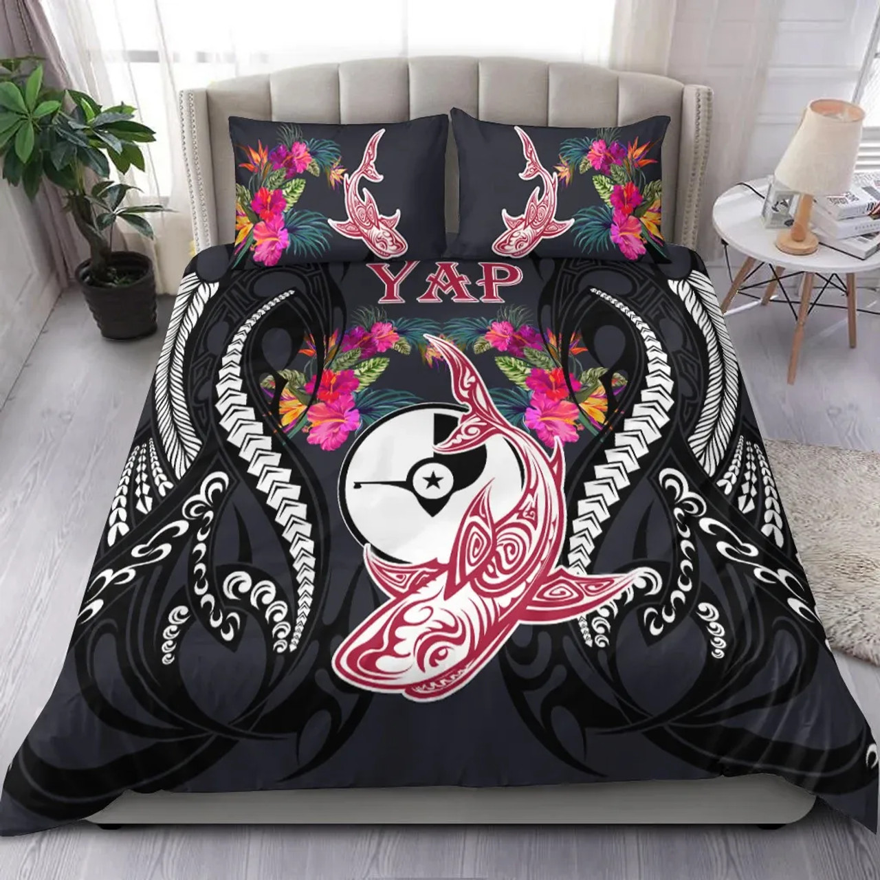 Yap Bedding Set - Polynesian Shark Hibiscus Flower 2