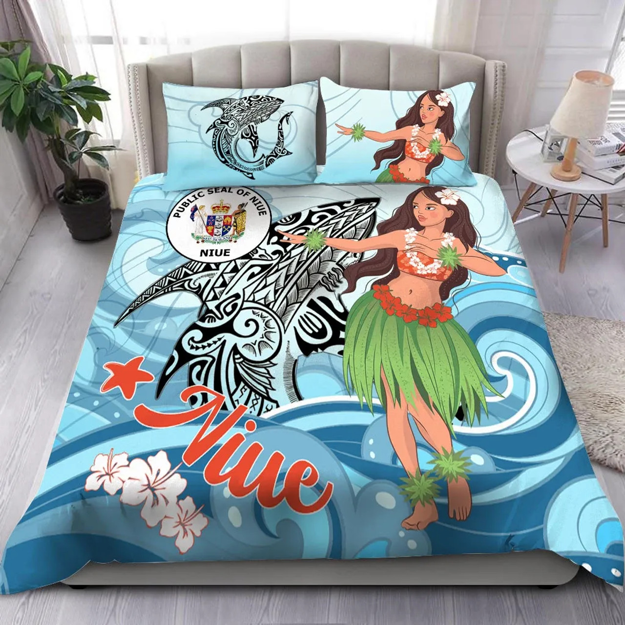 Niue Bedding Set - Polynesian Girls With Shark 1