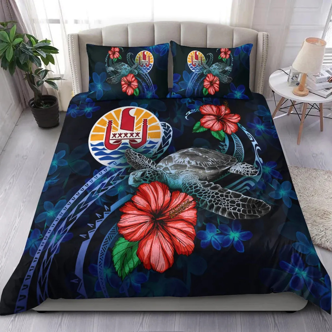 Tahiti Polynesian Bedding Set - Blue Turtle Hibiscus 1