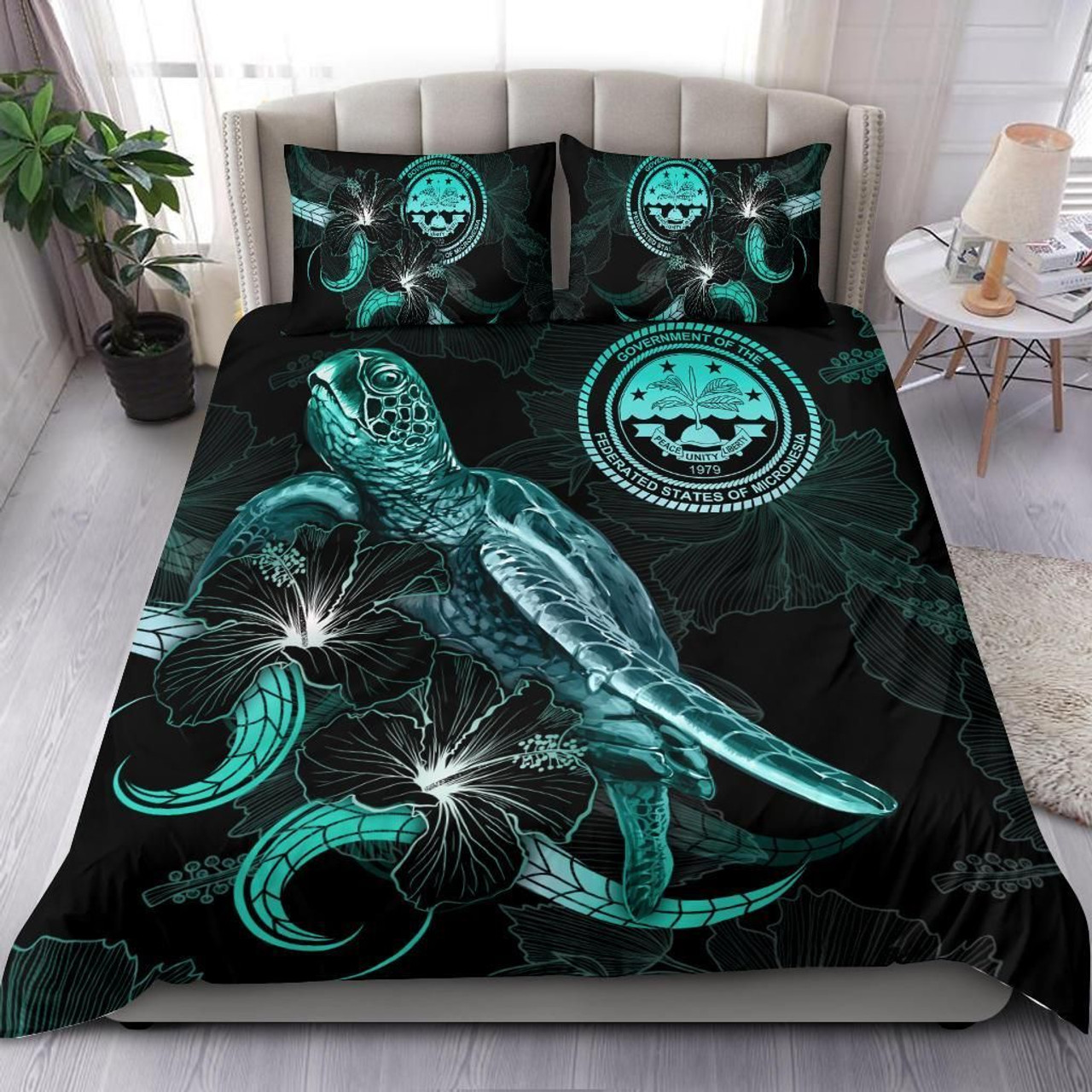 Federated States Of Micronesia Polynesian Bedding Set - Turtle With Blooming Hibiscus Turquoise 1