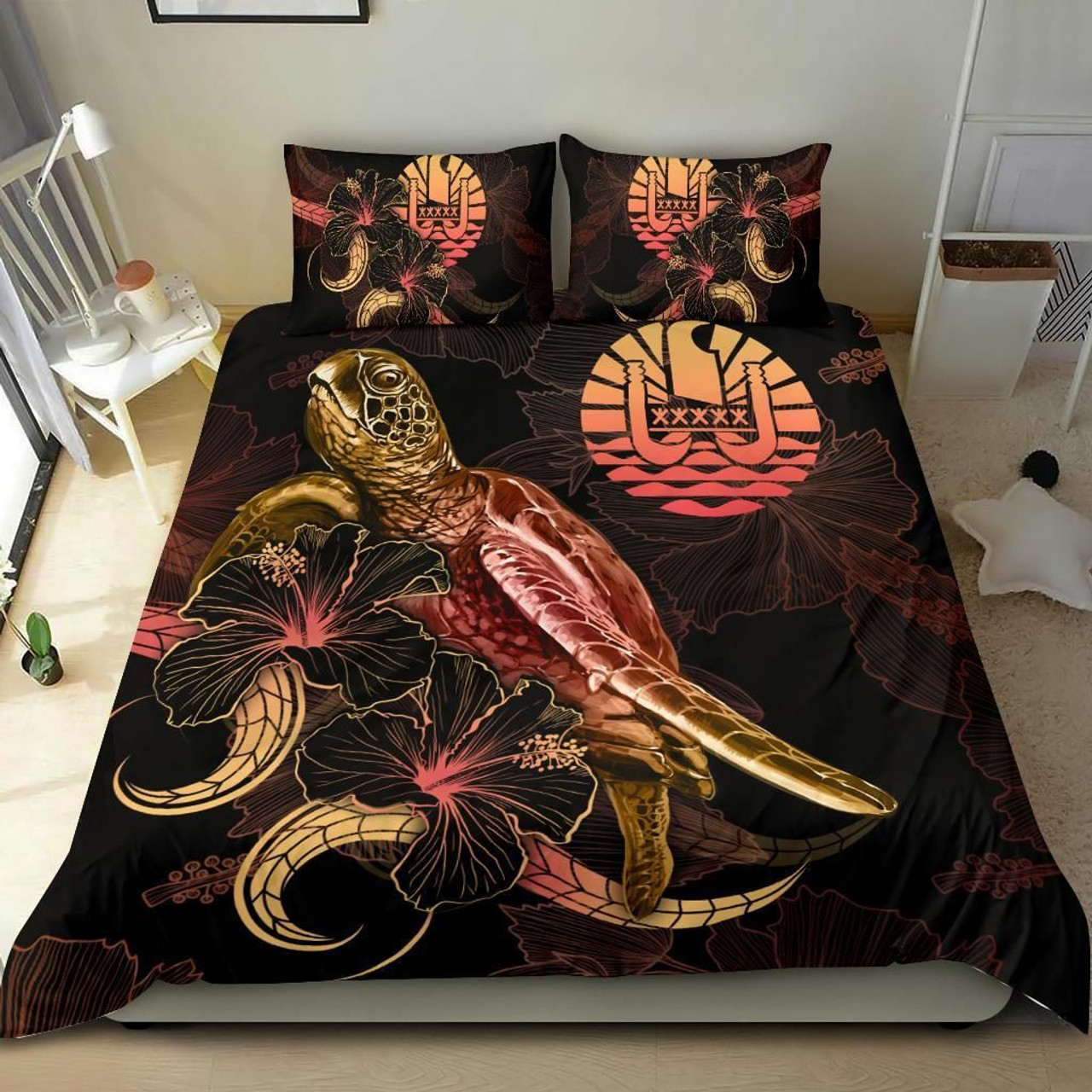 Tahiti Polynesian Bedding Set - Turtle With Blooming Hibiscus Gold 2