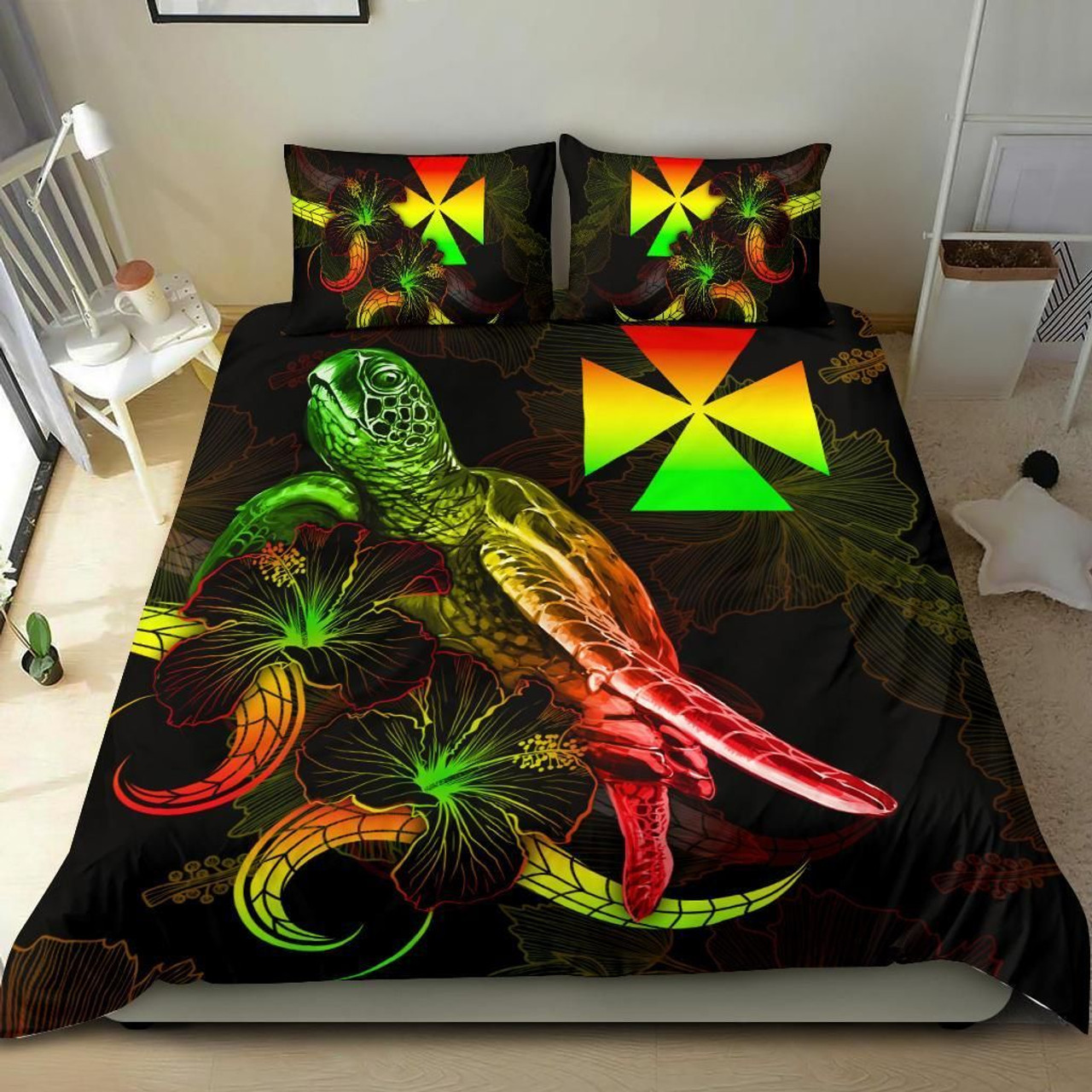 Wallis And Futuna Polynesian Bedding Set - Turtle With Blooming Hibiscus Reggae 2