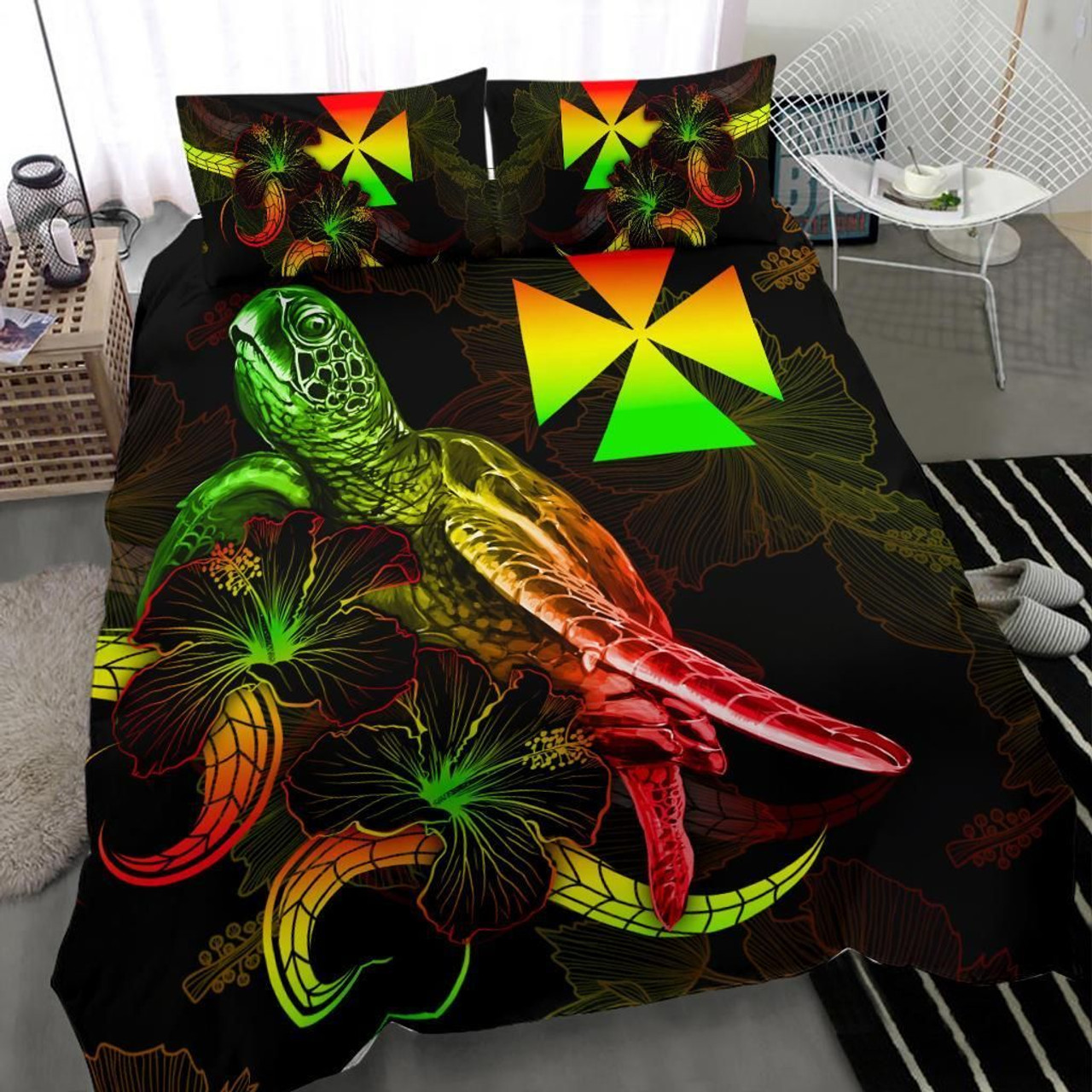 Wallis And Futuna Polynesian Bedding Set - Turtle With Blooming Hibiscus Reggae 3