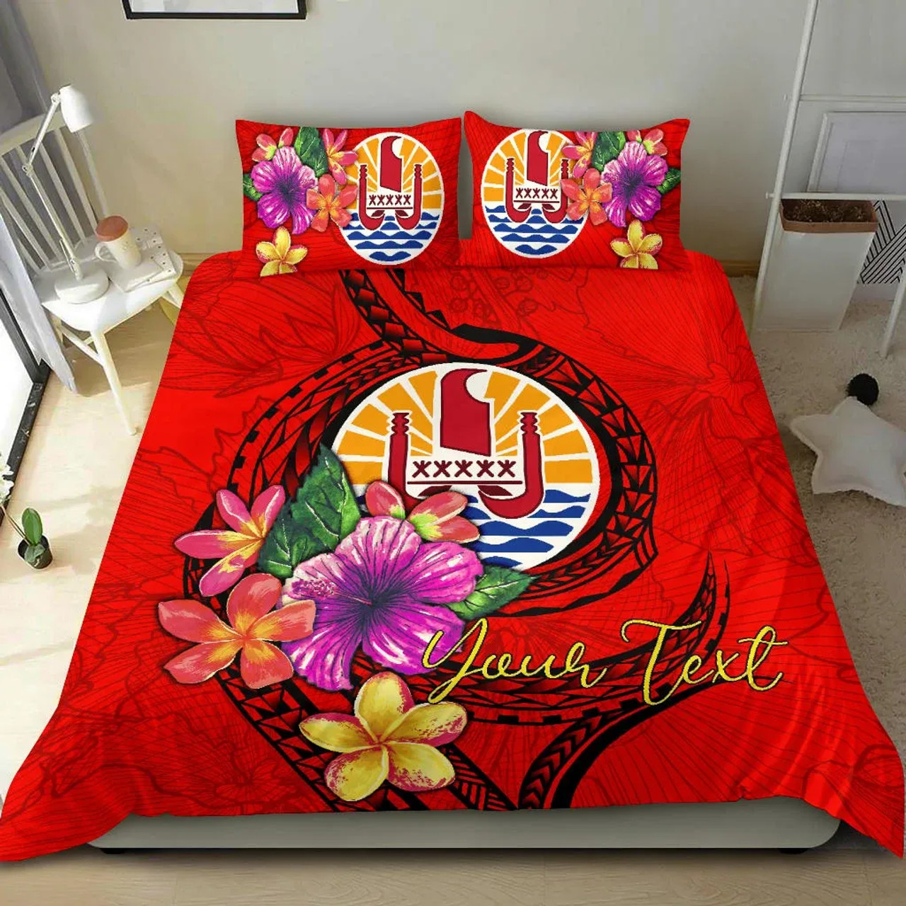 Polynesian Custom Personalised Bedding Set - Tahiti Duvet Cover Set Floral With Seal Red 2