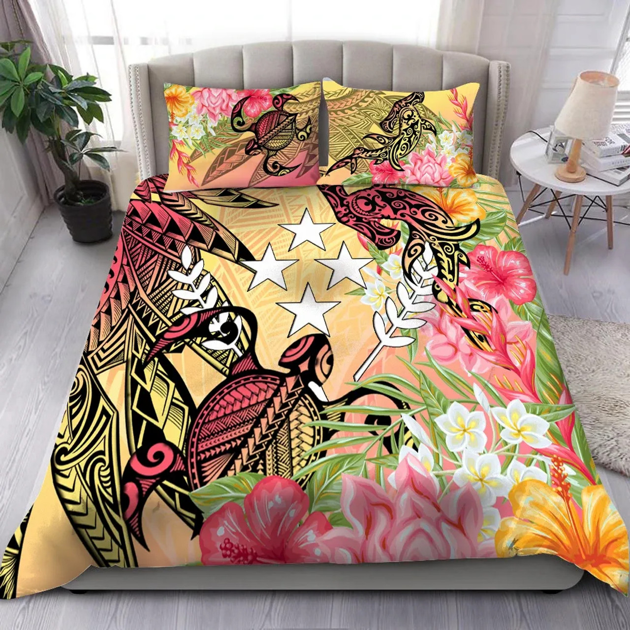 Kosrae State Bedding Set - Flowers Tropical With Sea Animals 1