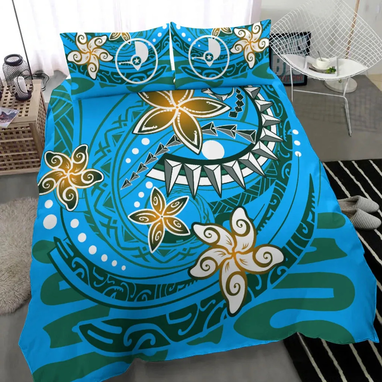 Polynesian Bedding Set - Blue Tapa Tribal Fabric Pattern 6