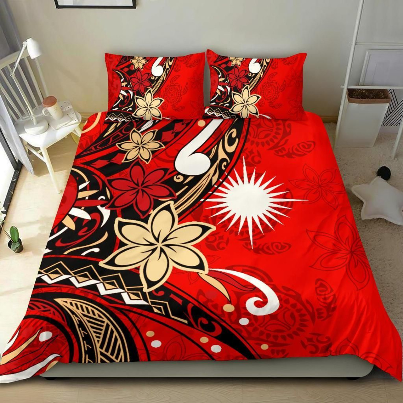 Marshall Islands Bedding Set - Tribal Flower With Special Turtles Red Color 1