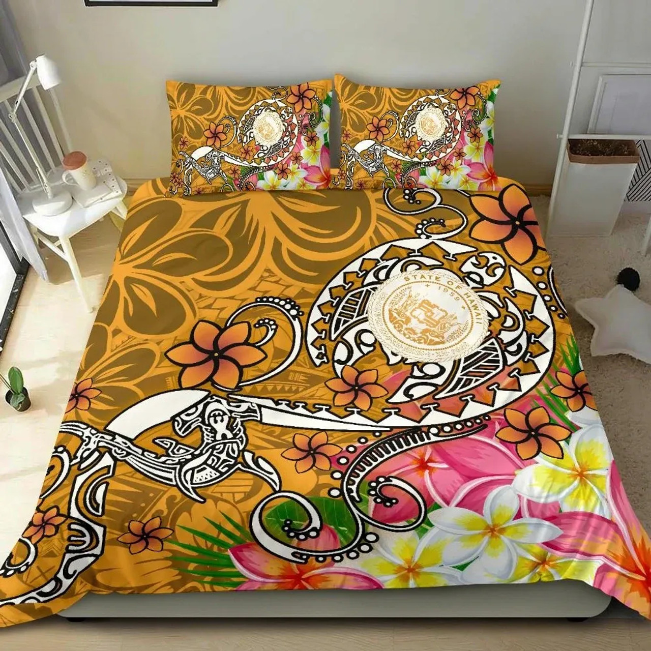 Hawaii Polynesian Bedding Set - Hawaii Seal With Turtle Plumeria (Gold) 1