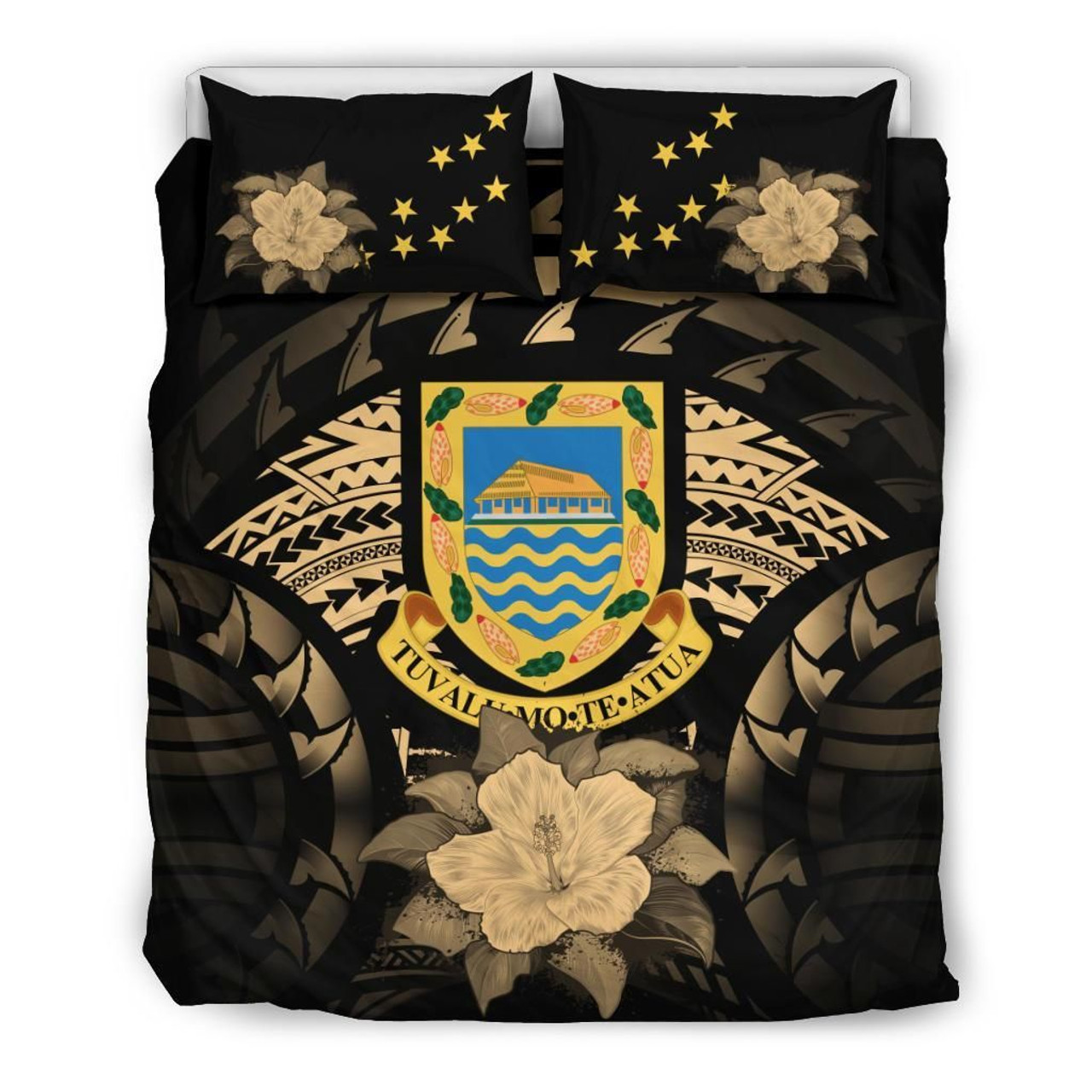 Tuvalu Duvet Cover Set - Tuvalu Coat Of Arms & Gold Hibiscus 2