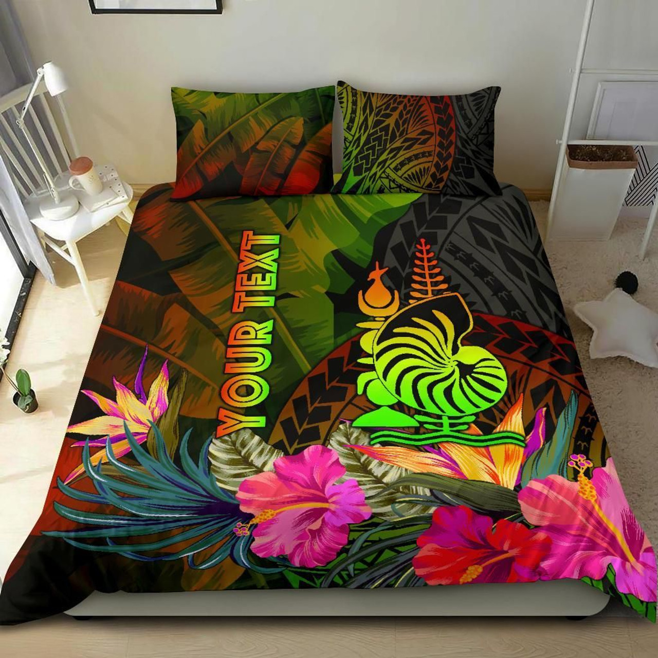 New Caledonia Polynesian Personalised Bedding Set- Hibiscus And Banana Leaves 1