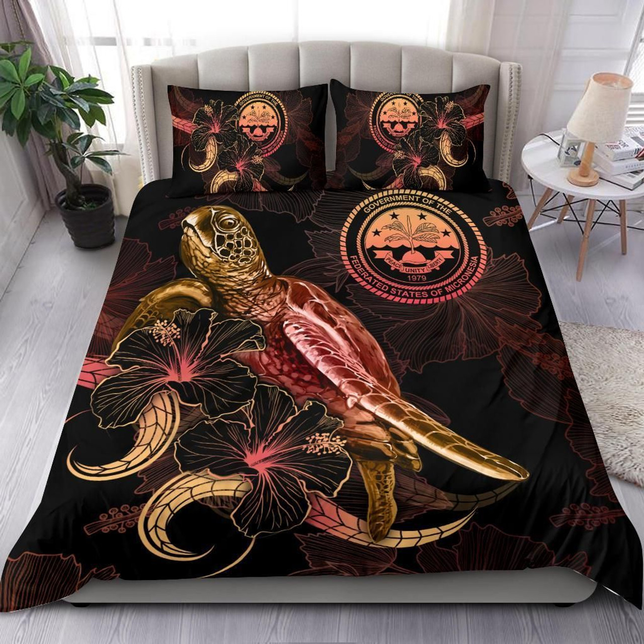Federated States Of Micronesia Polynesian Bedding Set - Turtle With Blooming Hibiscus Gold 1