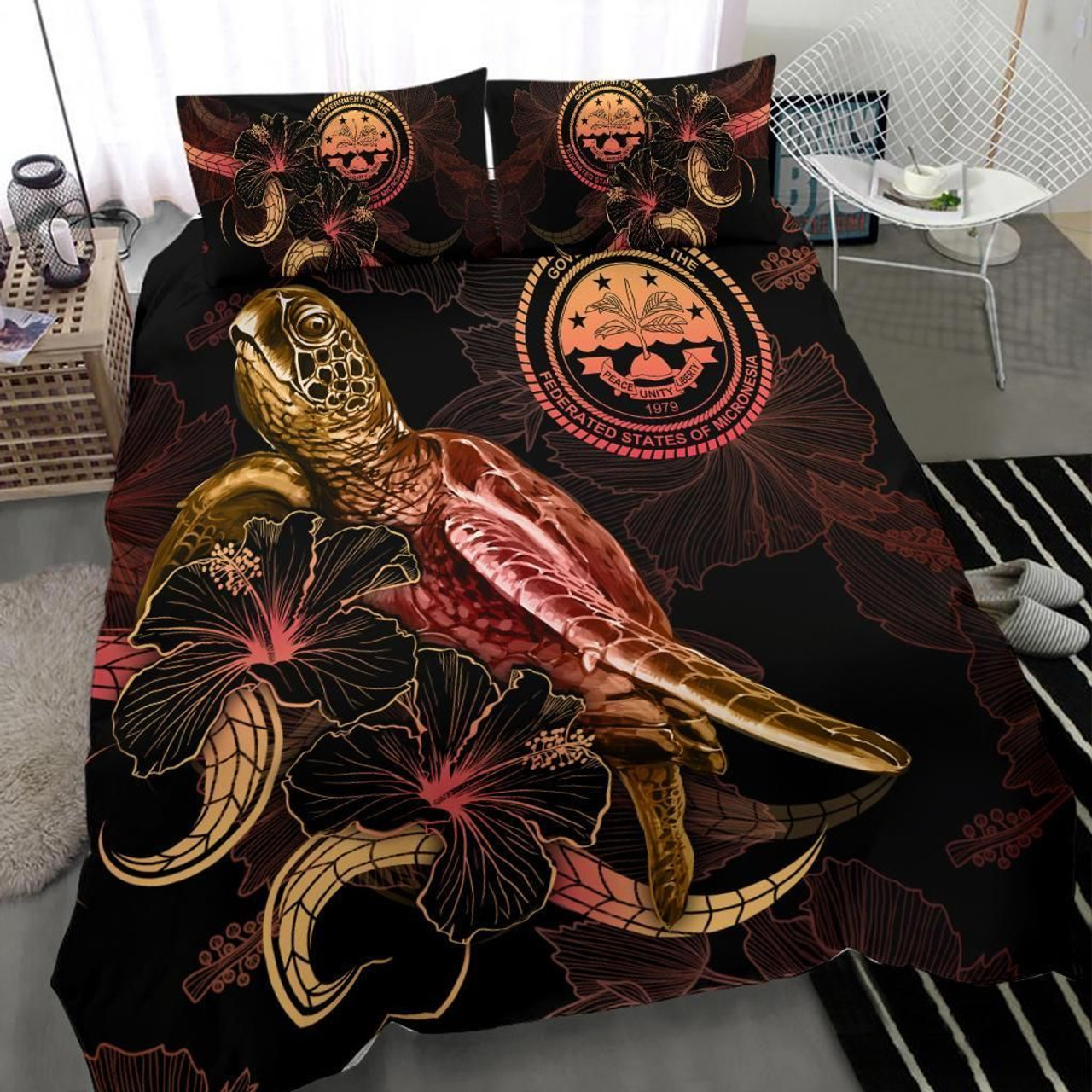 Federated States Of Micronesia Polynesian Bedding Set - Turtle With Blooming Hibiscus Gold 2