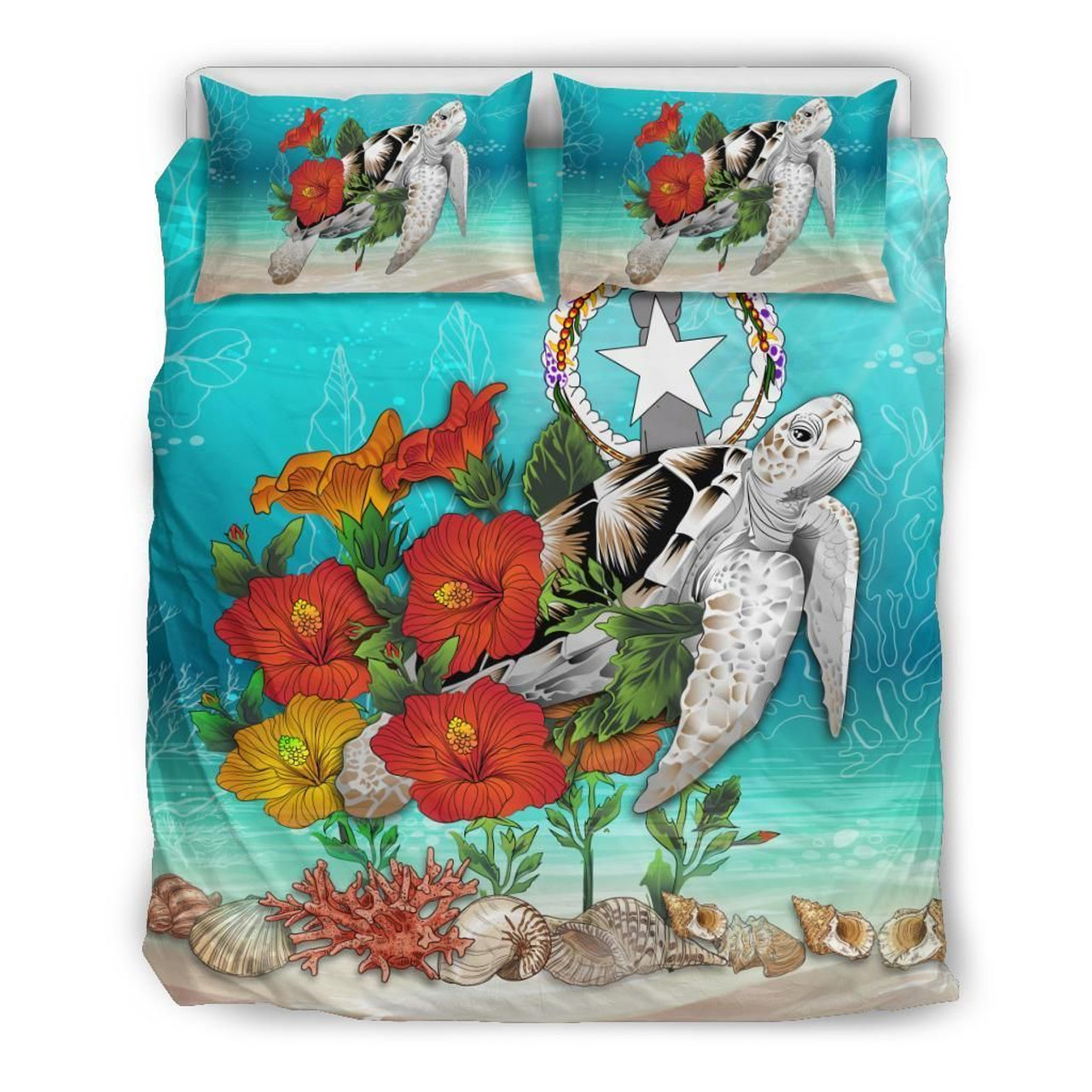 Polynesian Duvet Cover Set - Northern Mariana Islands Bedding Set Ocean Turtle Hibiscus 2