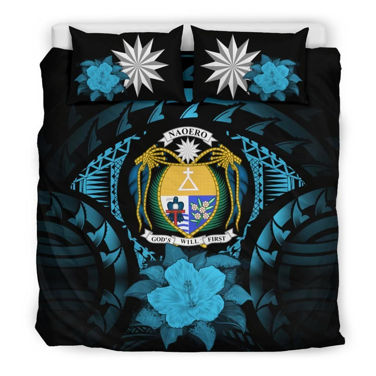 Nauru Duvet Cover Set - Nauru Coat Of Arms & Blue Hibiscus 1