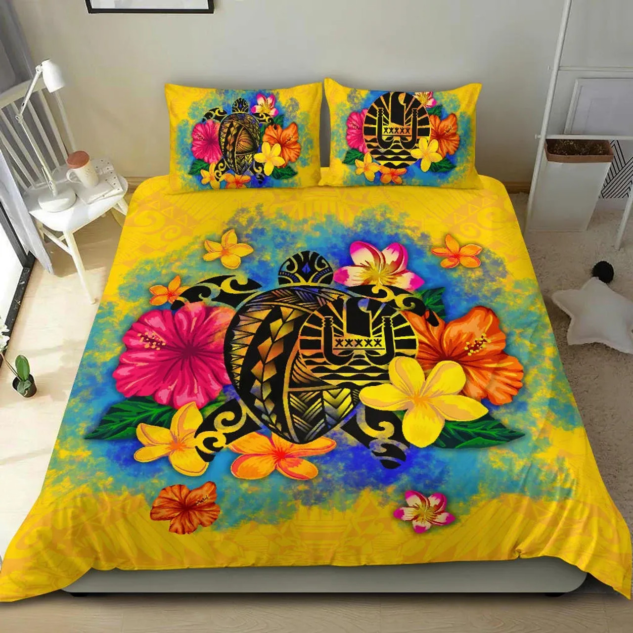 Tahiti Polynesian Bedding Set - Turtle With Plumeria And Hibiscus 1