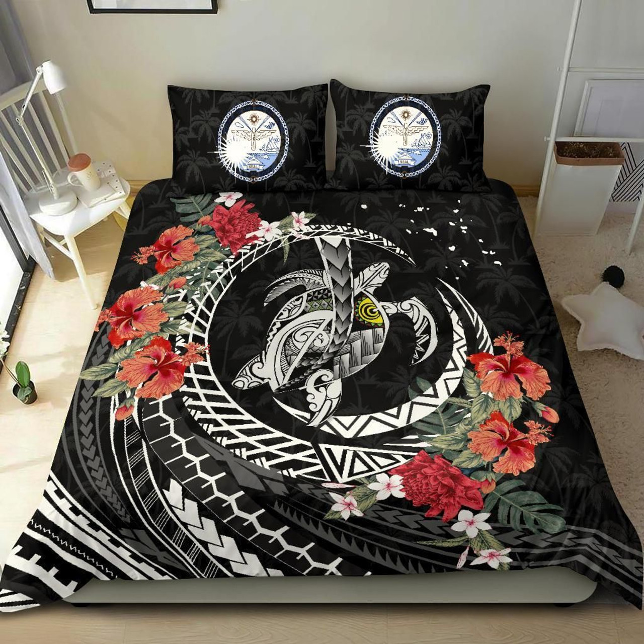 Polynesian Bedding Set - Northern Mariana Islands Duvet Cover Set Map Black 4