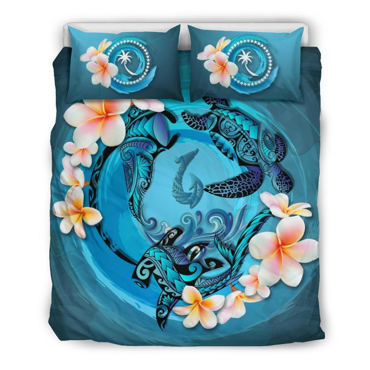 Polynesian Duvet Cover Set - Chuuk Bedding Set Blue Plumeria Animal Tattoo 1