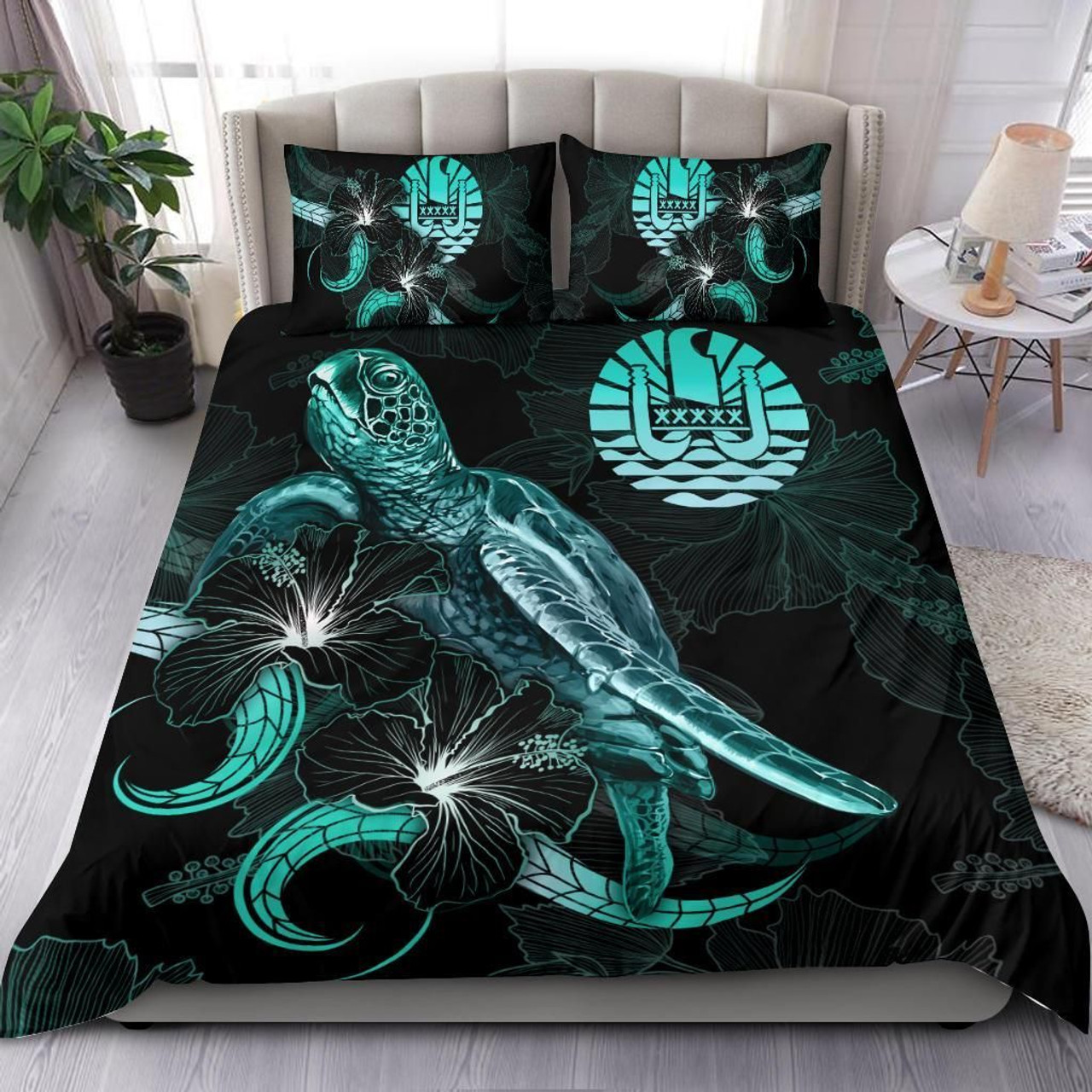 Tahiti Polynesian Bedding Set - Turtle With Blooming Hibiscus Turquoise 1
