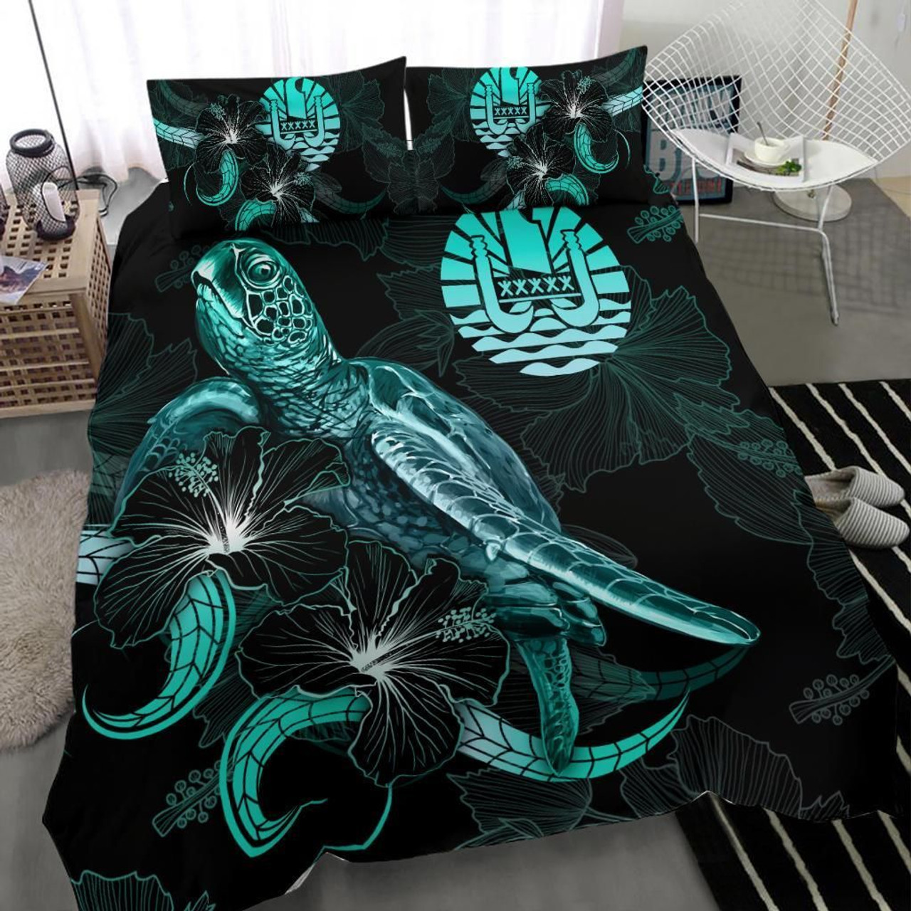 Tahiti Polynesian Bedding Set - Turtle With Blooming Hibiscus Turquoise 3