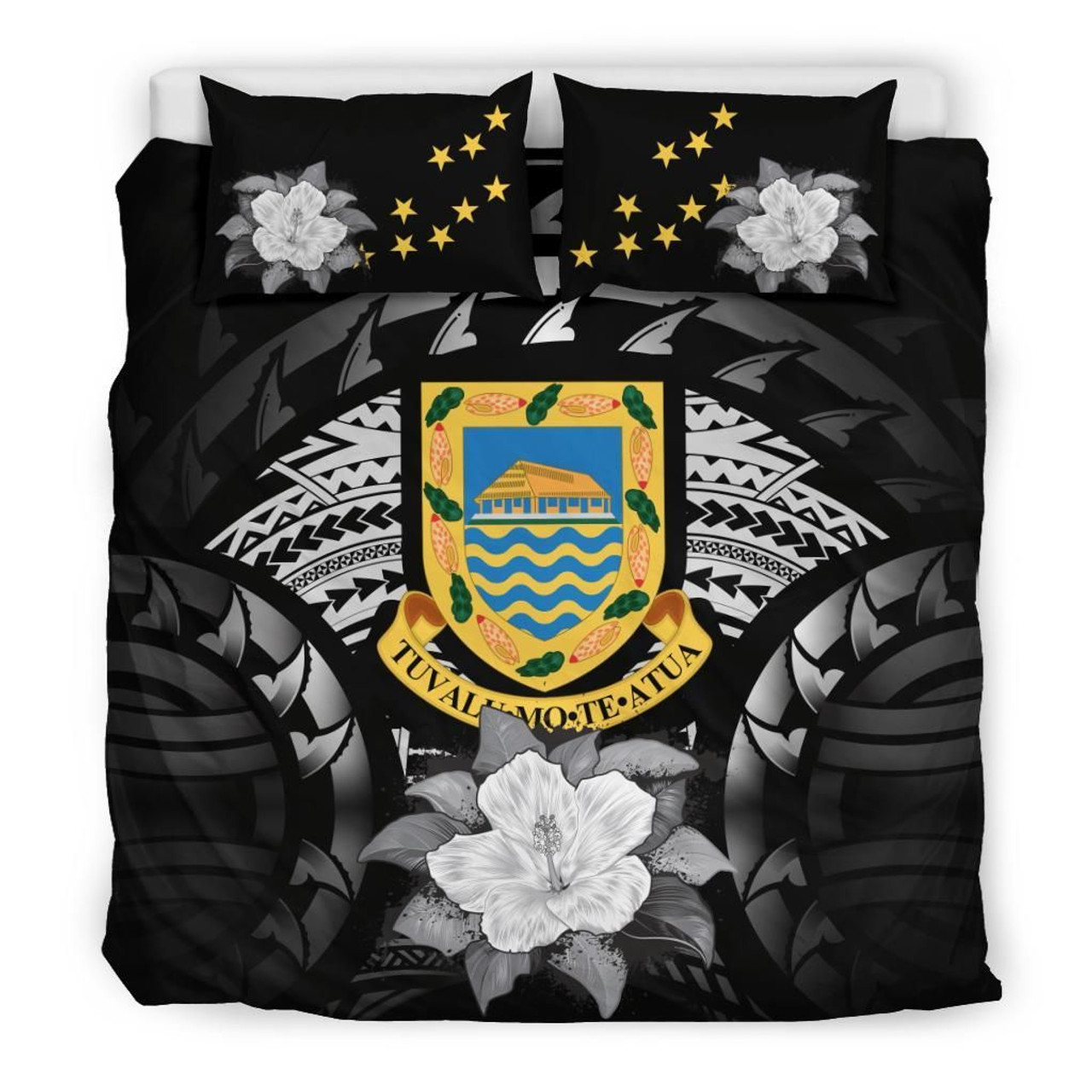 Tuvalu Duvet Cover Set - Tuvalu Coat Of Arms & Gray Hibiscus 1