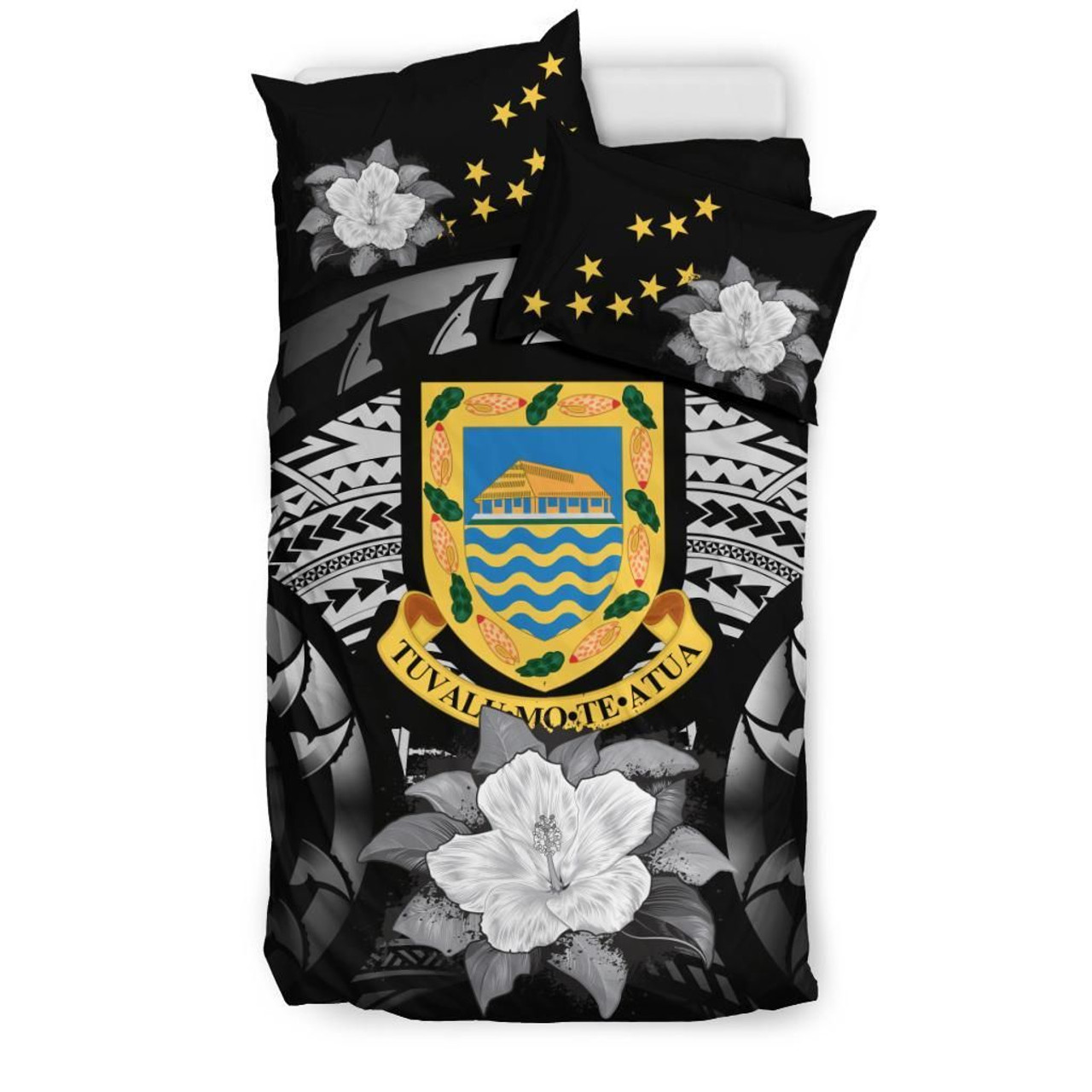 Tuvalu Duvet Cover Set - Tuvalu Coat Of Arms & Gray Hibiscus 3