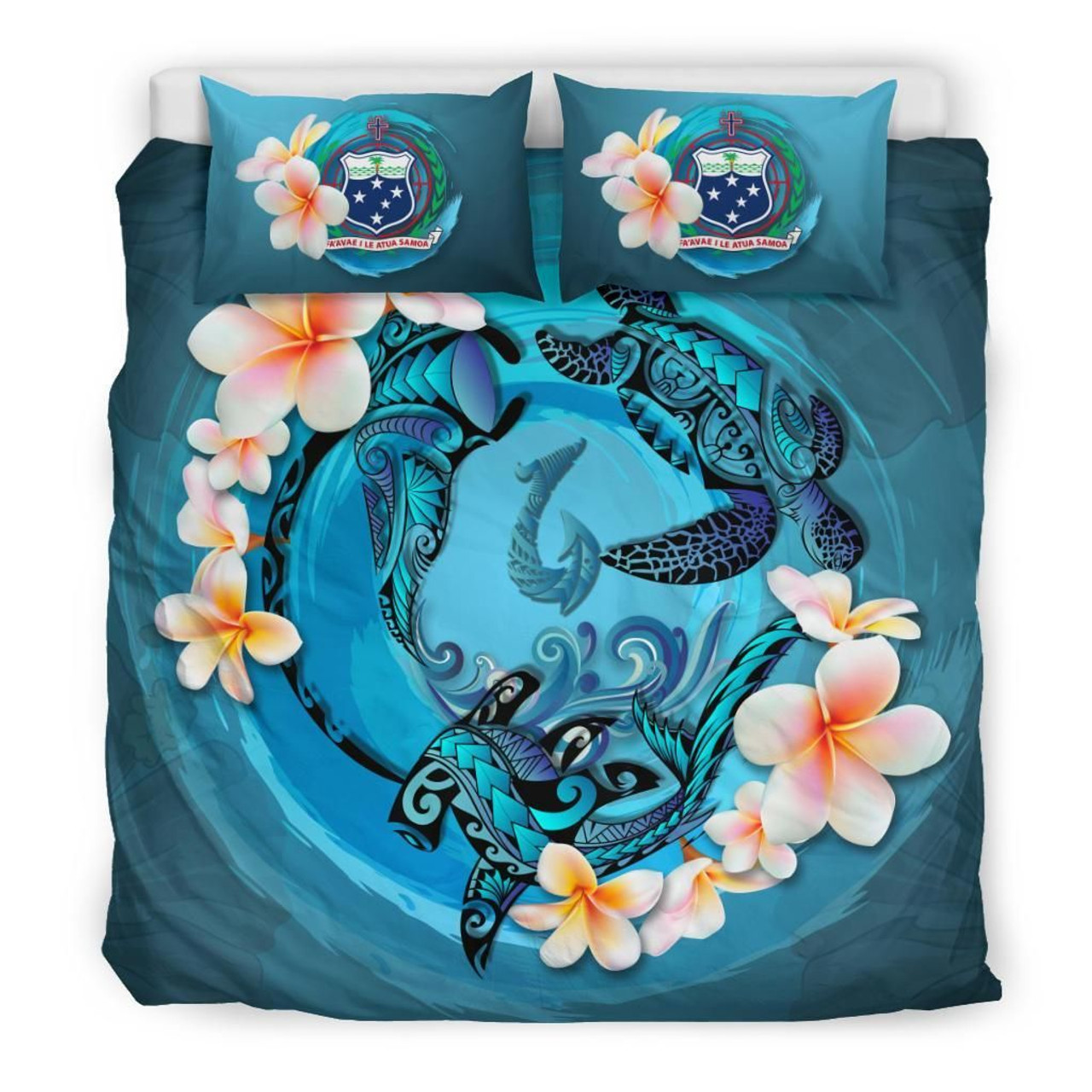 Polynesian Duvet Cover Set - Samoa Bedding Set Blue Plumeria Animal Tattoo 1