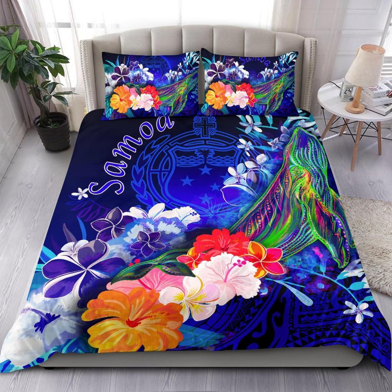 Samoa Bedding Set - Humpback Whale With Tropical Flowers (Blue) 2