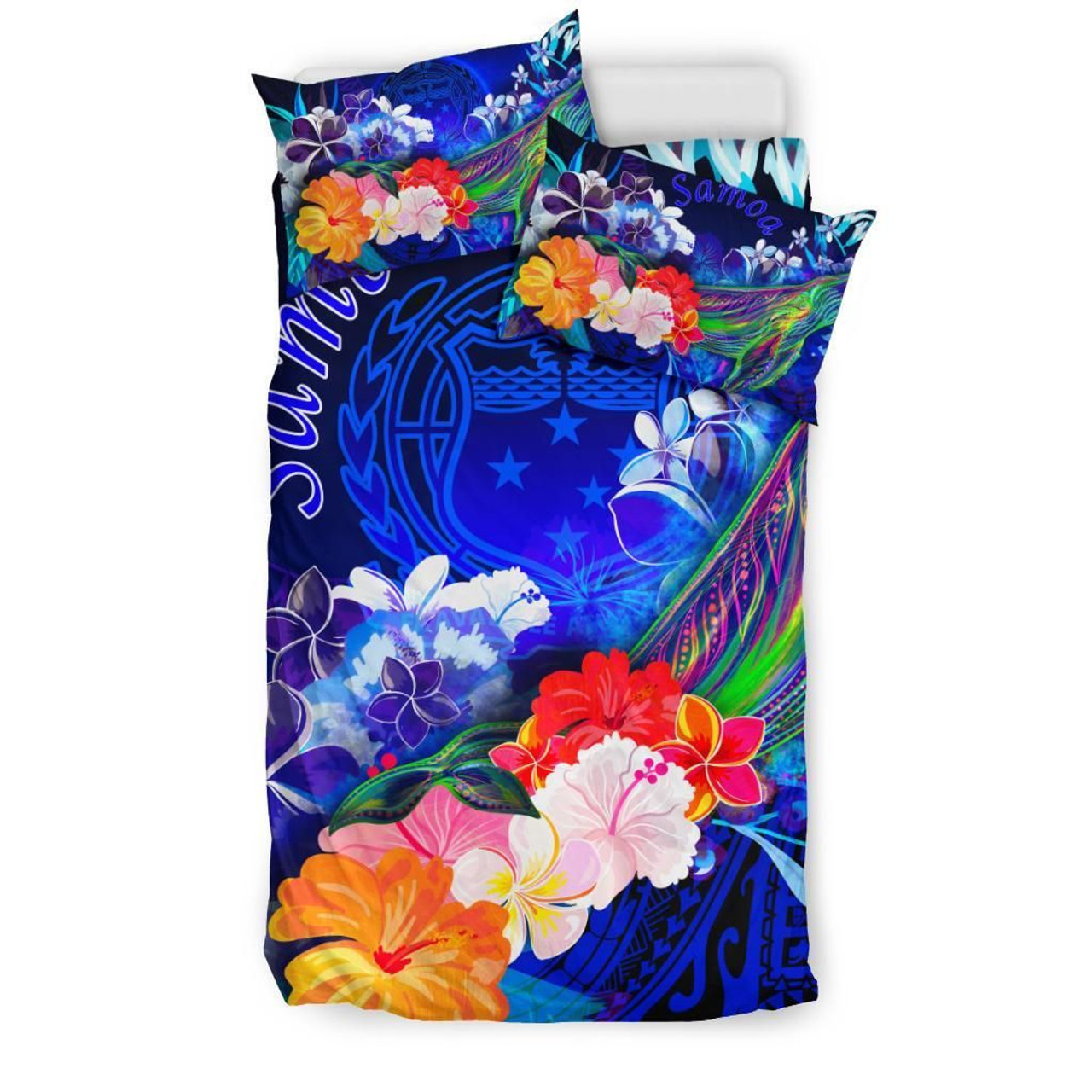 Samoa Bedding Set - Humpback Whale With Tropical Flowers (Blue) 3