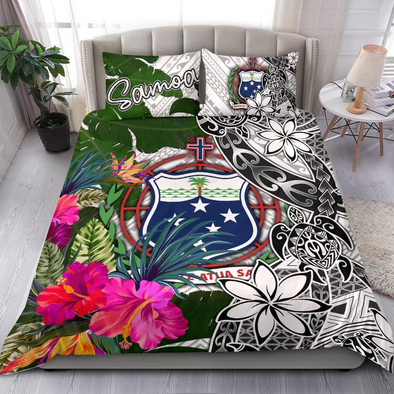 Samoa Bedding Set White - Turtle Plumeria Banana Leaf 1