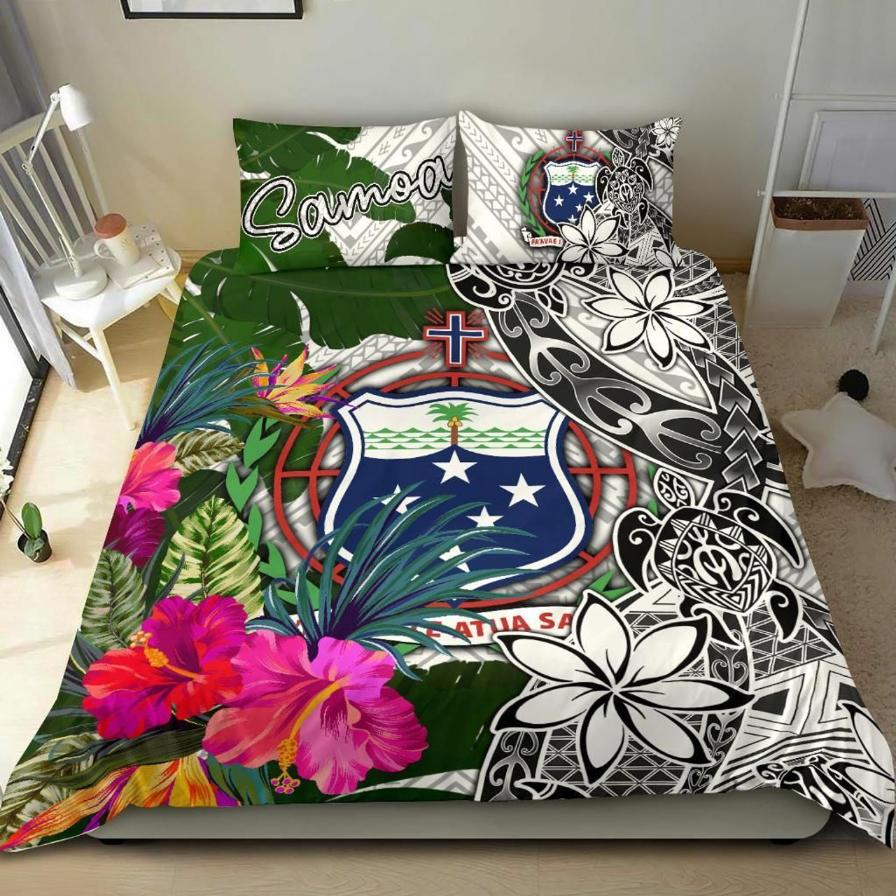 Samoa Bedding Set White - Turtle Plumeria Banana Leaf 2