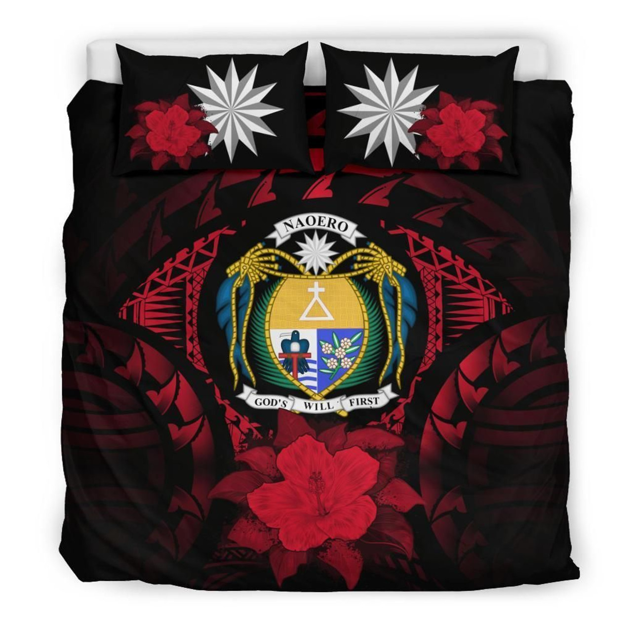 Nauru Duvet Cover Set - Nauru Coat Of Arms & Red Hibiscus 1