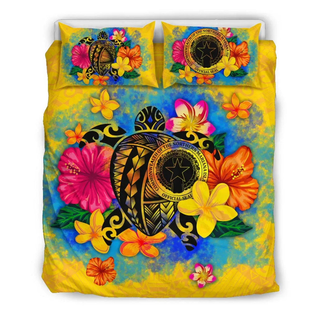 The Northern Mariana Islands Polynesian Bedding Set - Turtle With Plumeria And Hibiscus 3