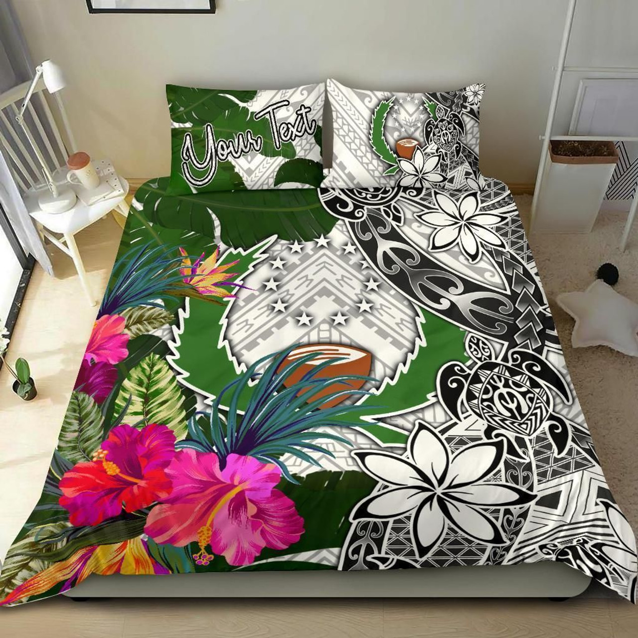 Pohnpei Custom Personalised Bedding Set White - Turle Plumeria Banana Leaf 2