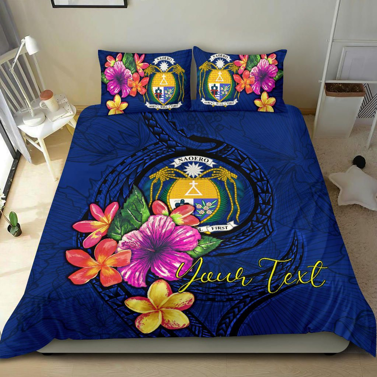 Polynesian Custom Personalised Bedding Set - Nauru Duvet Cover Set Floral With Seal Blue 2