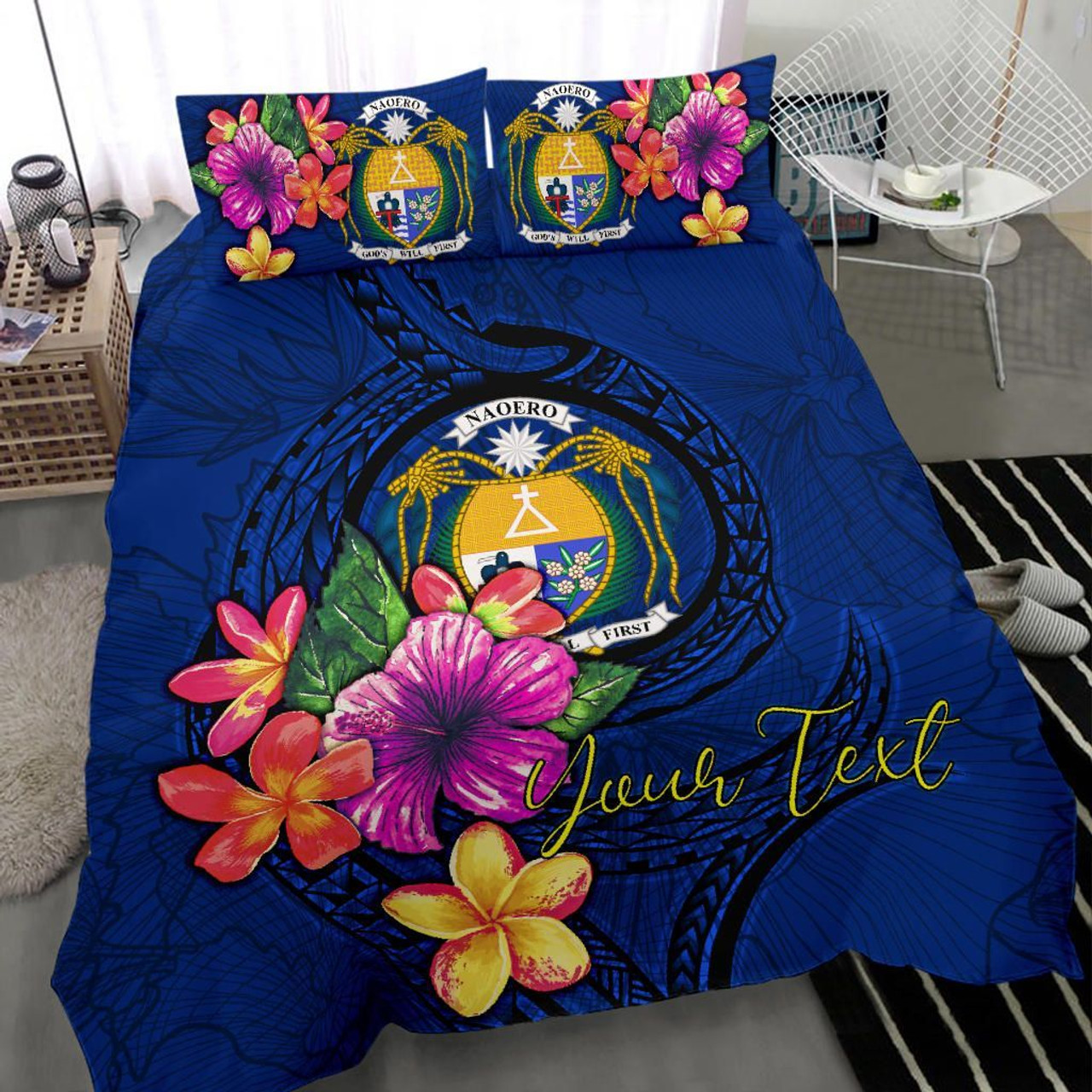 Polynesian Custom Personalised Bedding Set - Nauru Duvet Cover Set Floral With Seal Blue 3