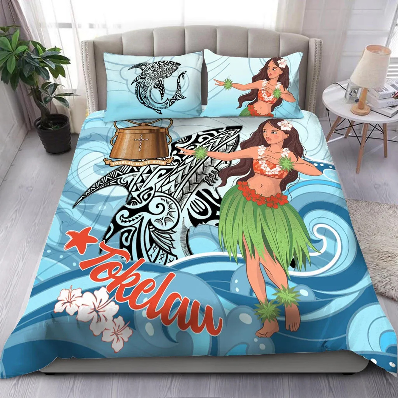 Tokelau Bedding Set - Polynesian Girls With Shark 1