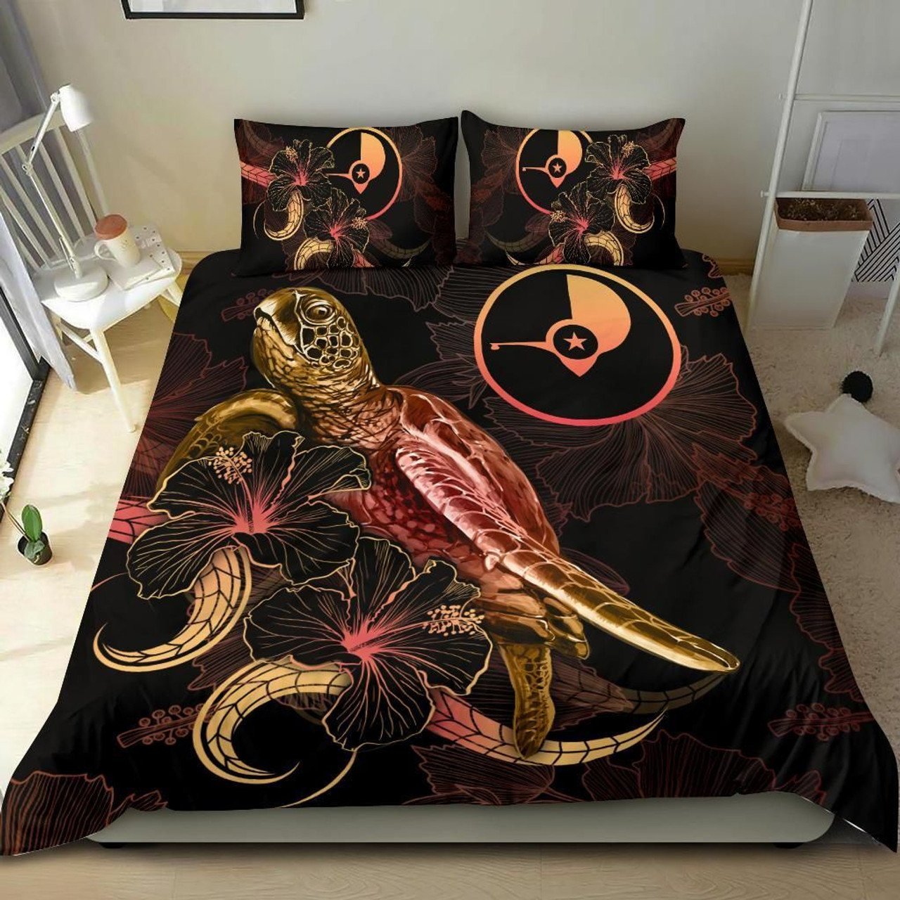 Yap Polynesian Bedding Set - Turtle With Blooming Hibiscus Gold 2