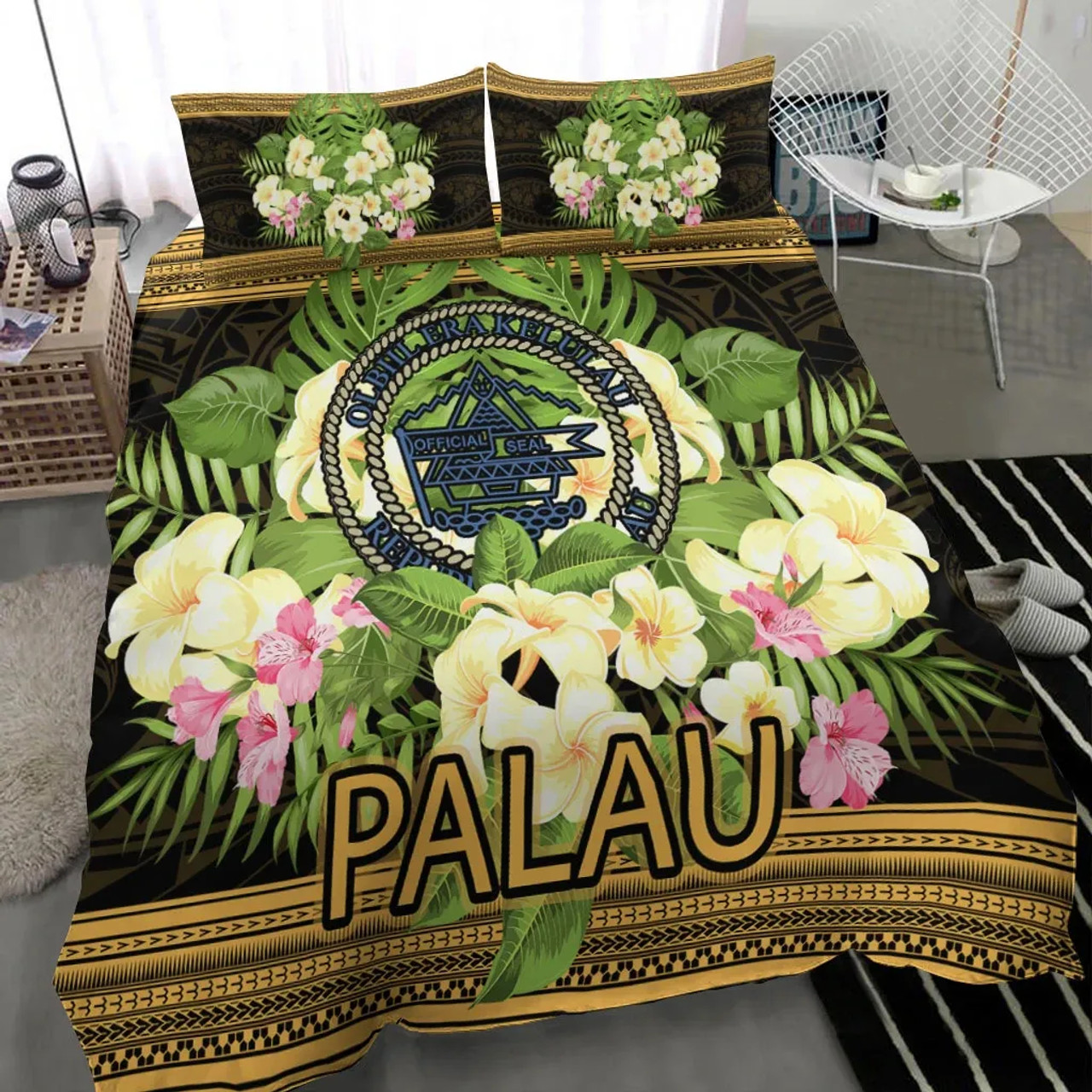 Yap Polynesian Bedding Set - Turtle With Blooming Hibiscus Gold 6