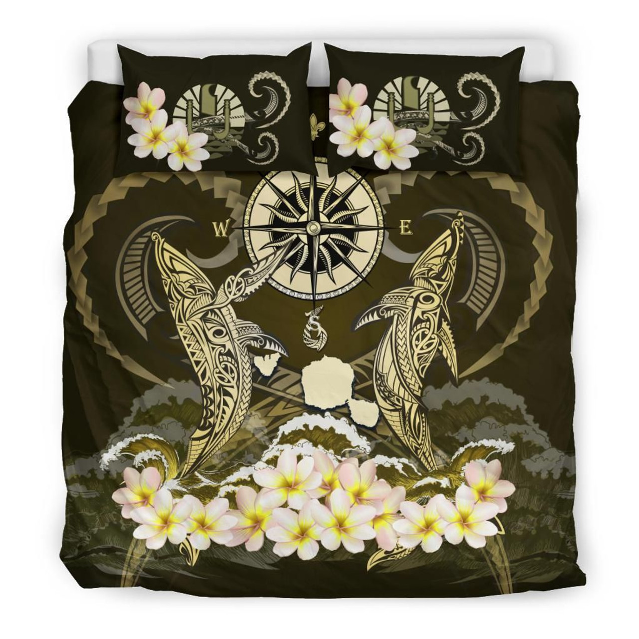 Polynesian Duvet Cover Set - Tahiti Bedding Set Shark Polynesia Compass Plumeria Gold 1