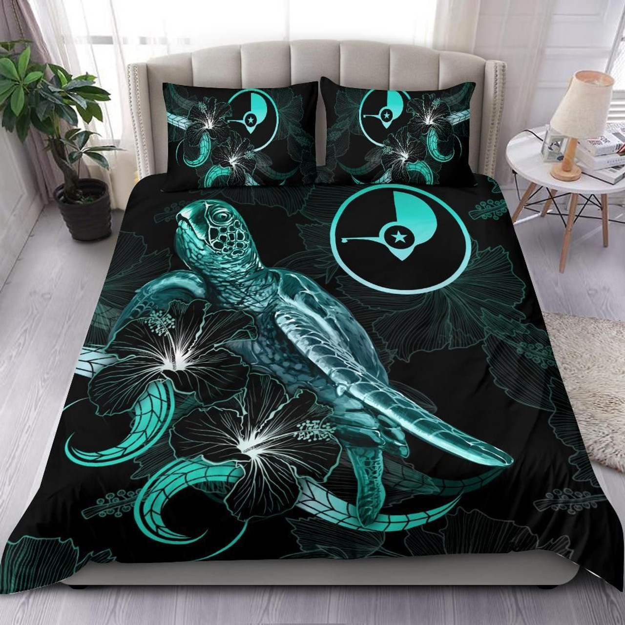 Yap Polynesian Bedding Set - Turtle With Blooming Hibiscus Turquoise 1