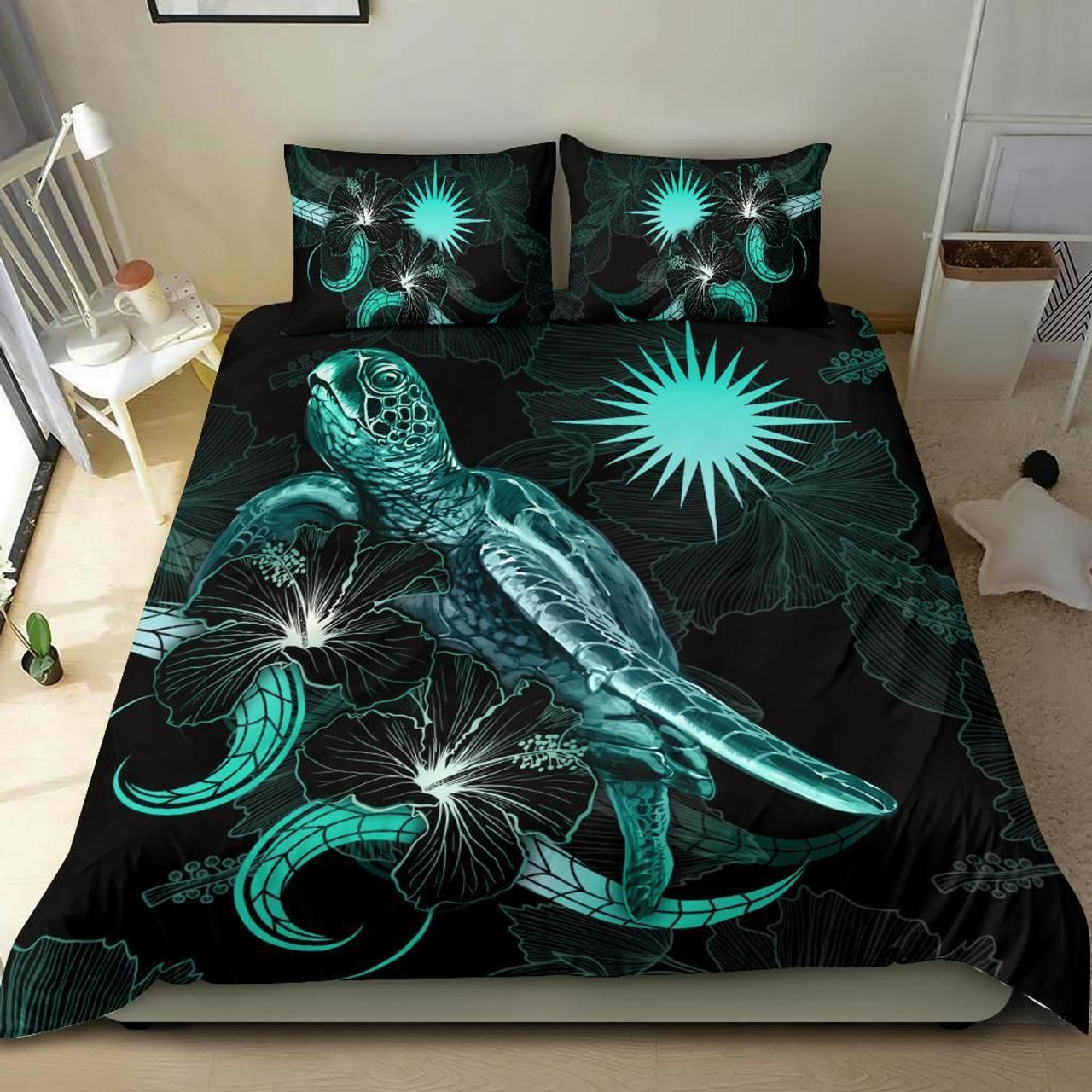 Marshall Islands Polynesian Bedding Set - Turtle With Blooming Hibiscus Turquoise 2