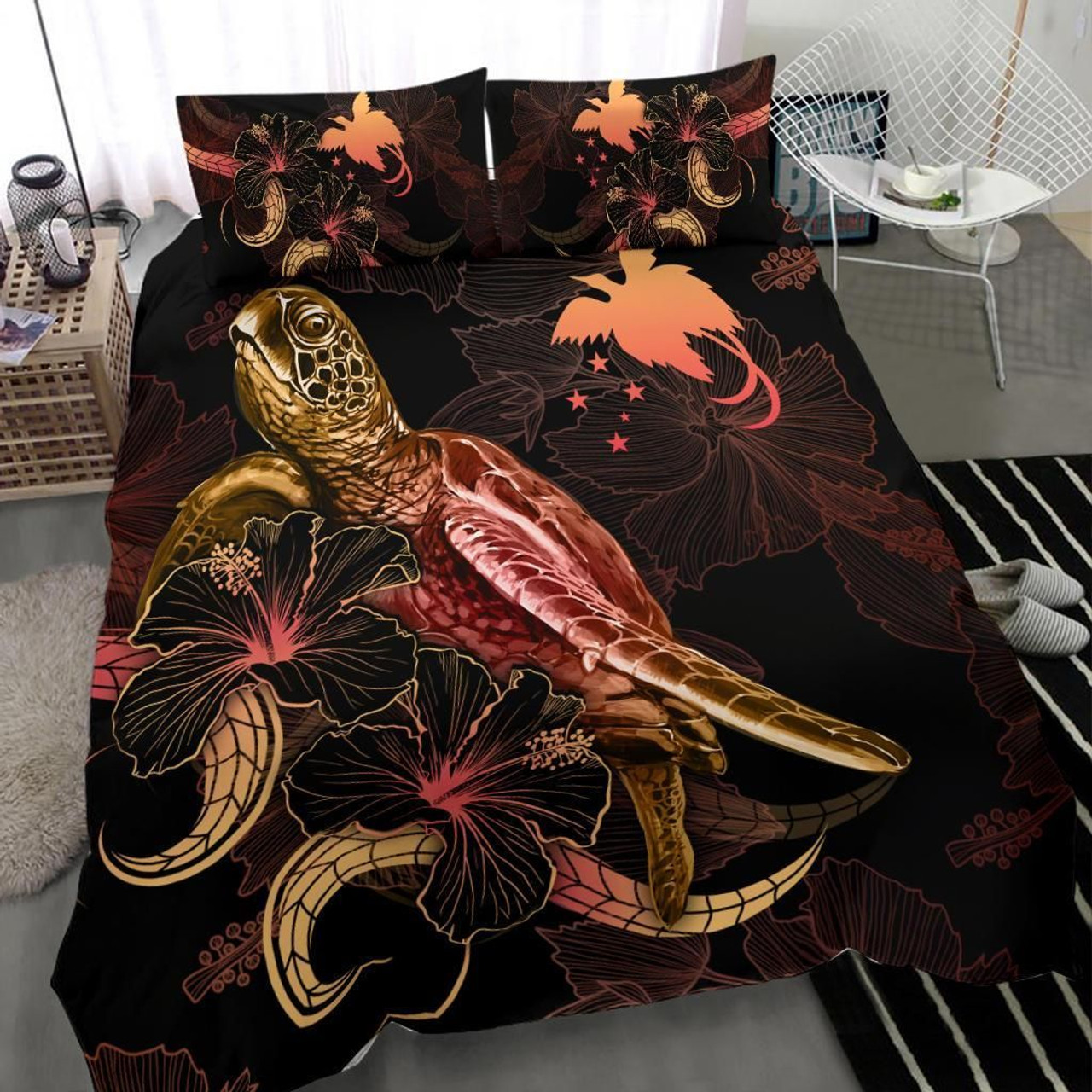Papua New Guinea Polynesian Bedding Set - Turtle With Blooming Hibiscus Gold 3